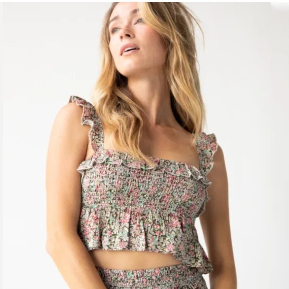 Natural Life Floral Smocked Ruffle Crop Top Pink Green Boho Cottagecore Sz M